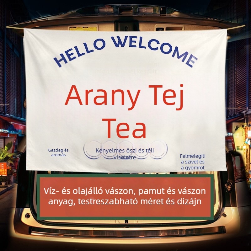 Téli tej-tea standhoz készült reklámbanner — plüss pamut gobelin, téglalap alakú