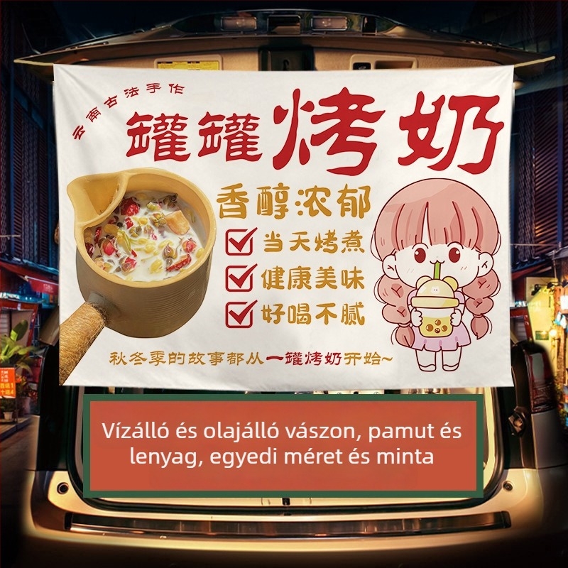 Téli tej-tea standhoz készült reklámbanner — plüss pamut gobelin, téglalap alakú