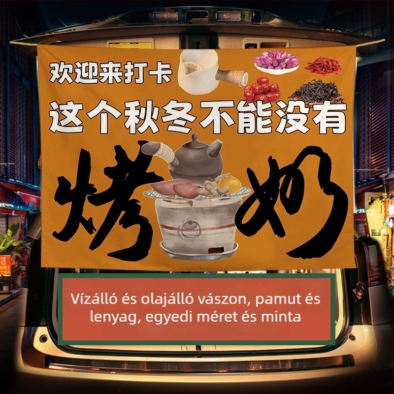 Téli tej-tea standhoz készült reklámbanner — plüss pamut gobelin, téglalap alakú