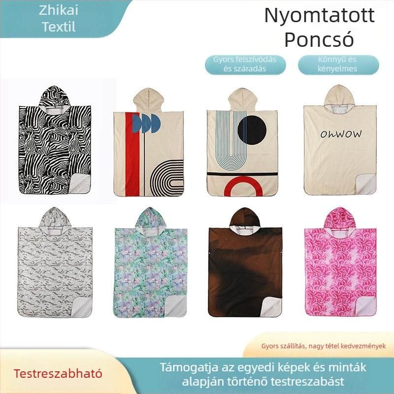 Kapucnis fürdőlepedő, kétoldalas velúr nyomtatott — Zhikai textile, 200–300 g, nyomtatás