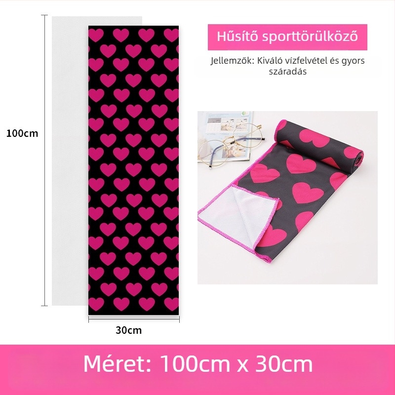 Poliészter sporttörölköző hűtő funkcióval, 45 g, nedvszívás 11–15 s, nyomtatott logó