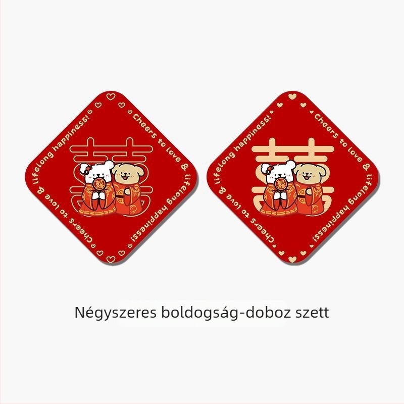 Fali matrica: vonalrajzú kiskutya dupla boldogság motívummal esküvői hálószobai dekorációhoz (ajtók és ruhásszekrények); PVC, vízálló, rajzfilmszerű minta, kínai stílus