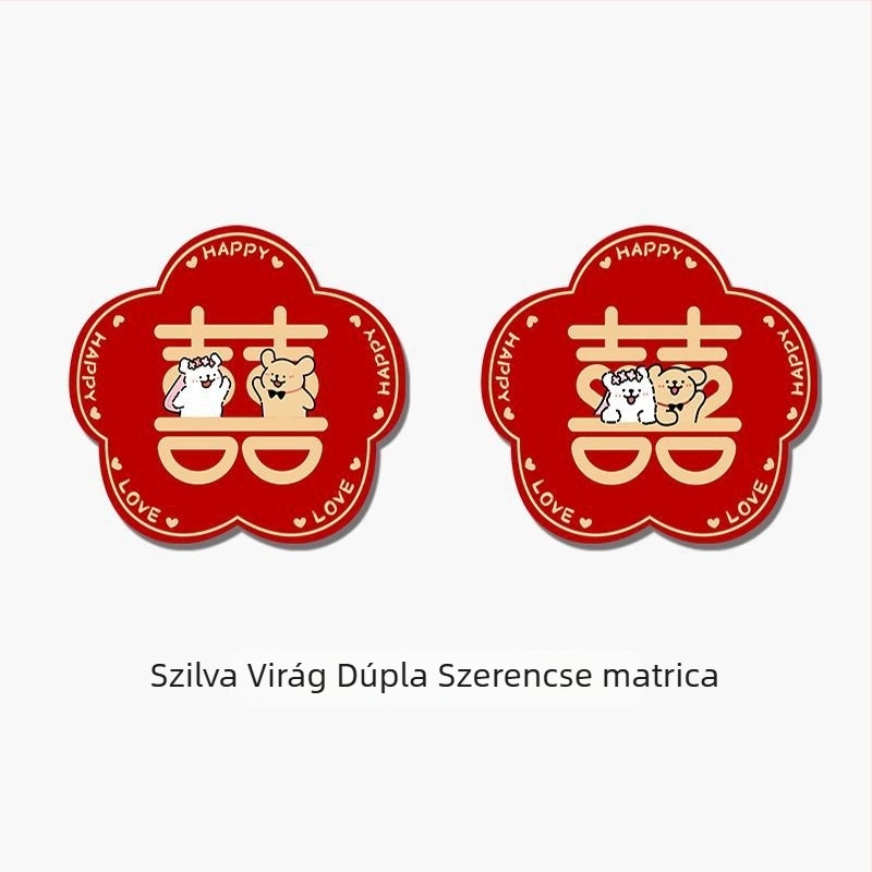 Fali matrica: vonalrajzú kiskutya dupla boldogság motívummal esküvői hálószobai dekorációhoz (ajtók és ruhásszekrények); PVC, vízálló, rajzfilmszerű minta, kínai stílus