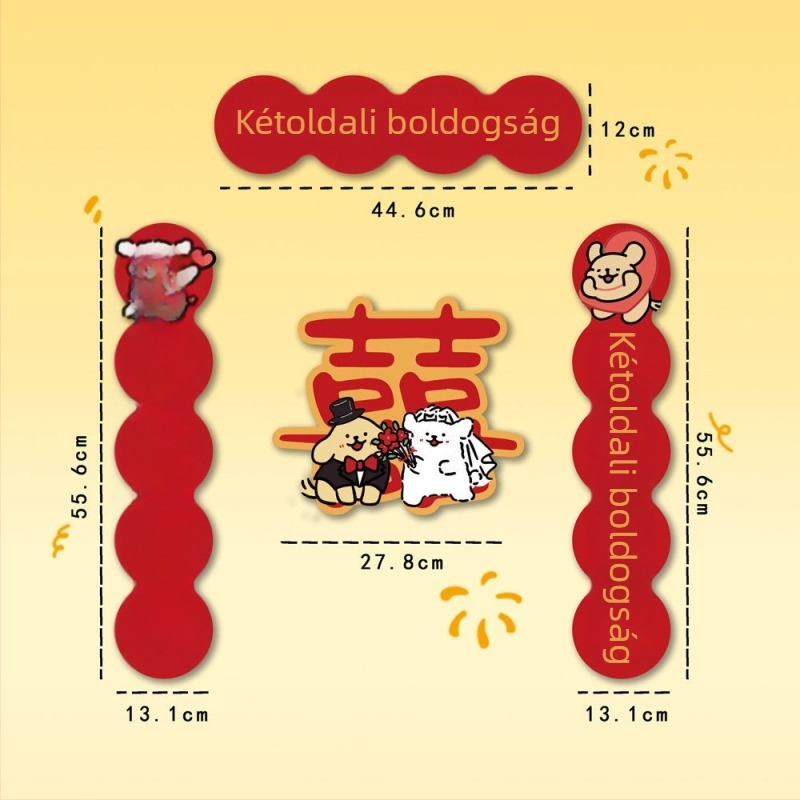 Fali matrica: vonalrajzú kiskutya dupla boldogság motívummal esküvői hálószobai dekorációhoz (ajtók és ruhásszekrények); PVC, vízálló, rajzfilmszerű minta, kínai stílus