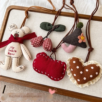 Gyerekeknek szóló nyaklánc 3D nyuszi karikaturával és kis alma medállal, textil medál, 11 cm-nél hosszabb kiegészítő lánc, 3–10 éveseknek