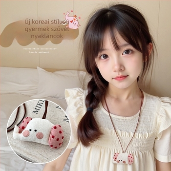 Gyerekeknek szóló nyaklánc 3D nyuszi karikaturával és kis alma medállal, textil medál, 11 cm-nél hosszabb kiegészítő lánc, 3–10 éveseknek