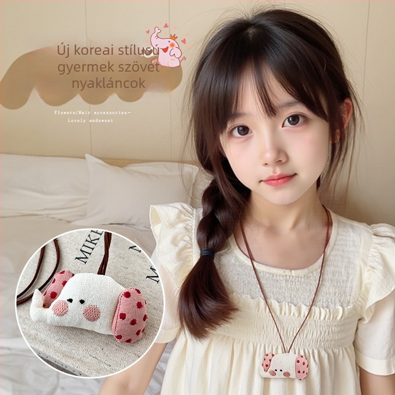 Gyerekeknek szóló nyaklánc 3D nyuszi karikaturával és kis alma medállal, textil medál, 11 cm-nél hosszabb kiegészítő lánc, 3–10 éveseknek