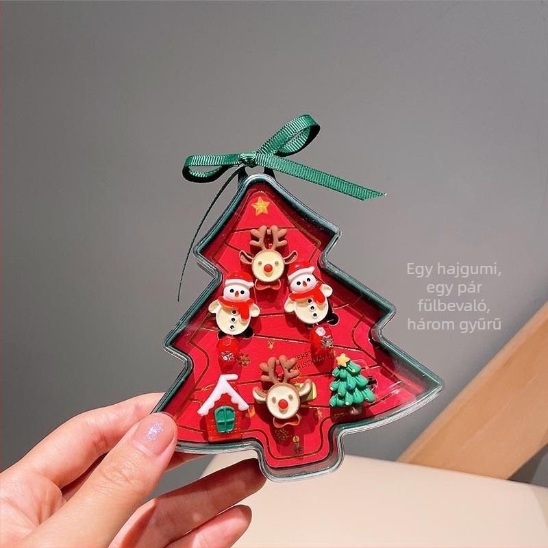 Ékszerszett: állítható gyűrű és karikatúra Mikulás fülbevaló — karácsonyi stílus gyermekeknek, műanyag/gyanta