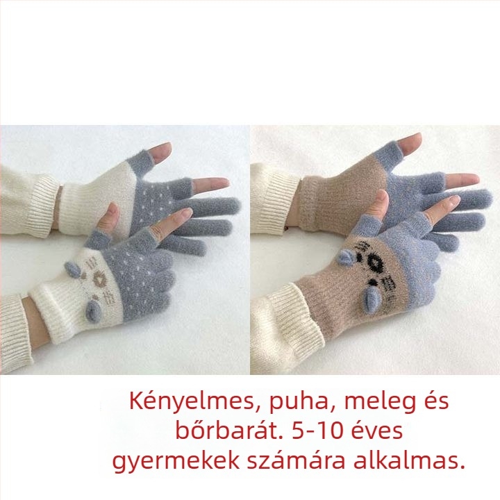 Gyerekeknek készült velúr bélésű kétujjas kesztyű érintőképernyő-kompatibilitással, rajzfilmszerű stílussal, ősz-télre