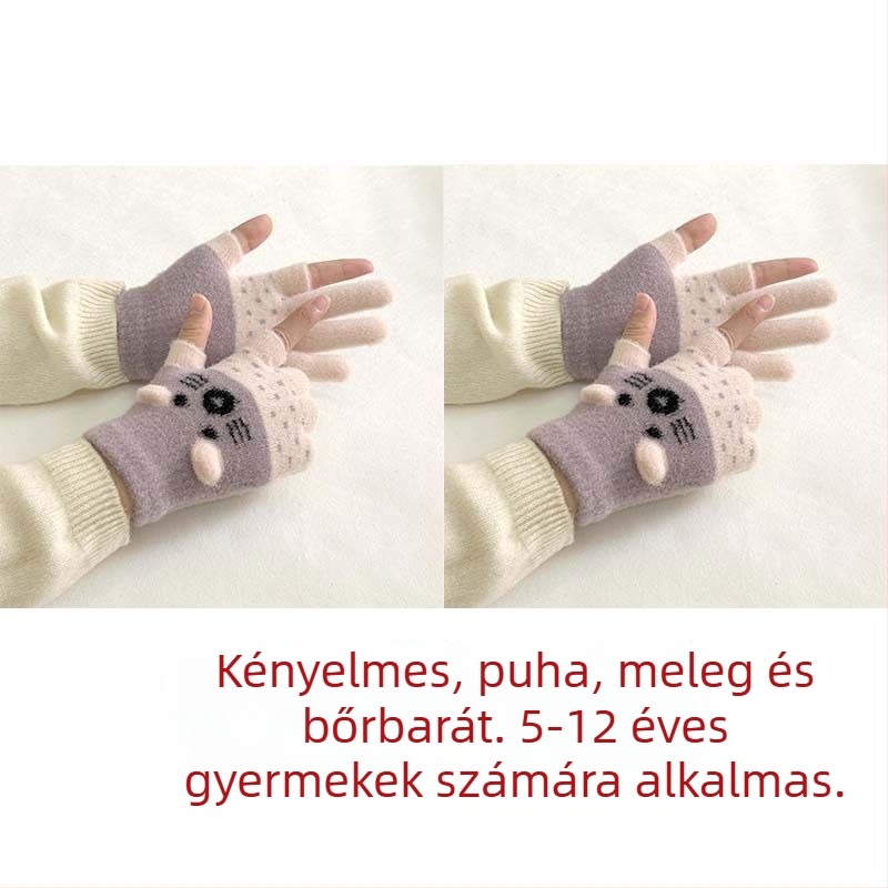 Gyerekeknek készült velúr bélésű kétujjas kesztyű érintőképernyő-kompatibilitással, rajzfilmszerű stílussal, ősz-télre