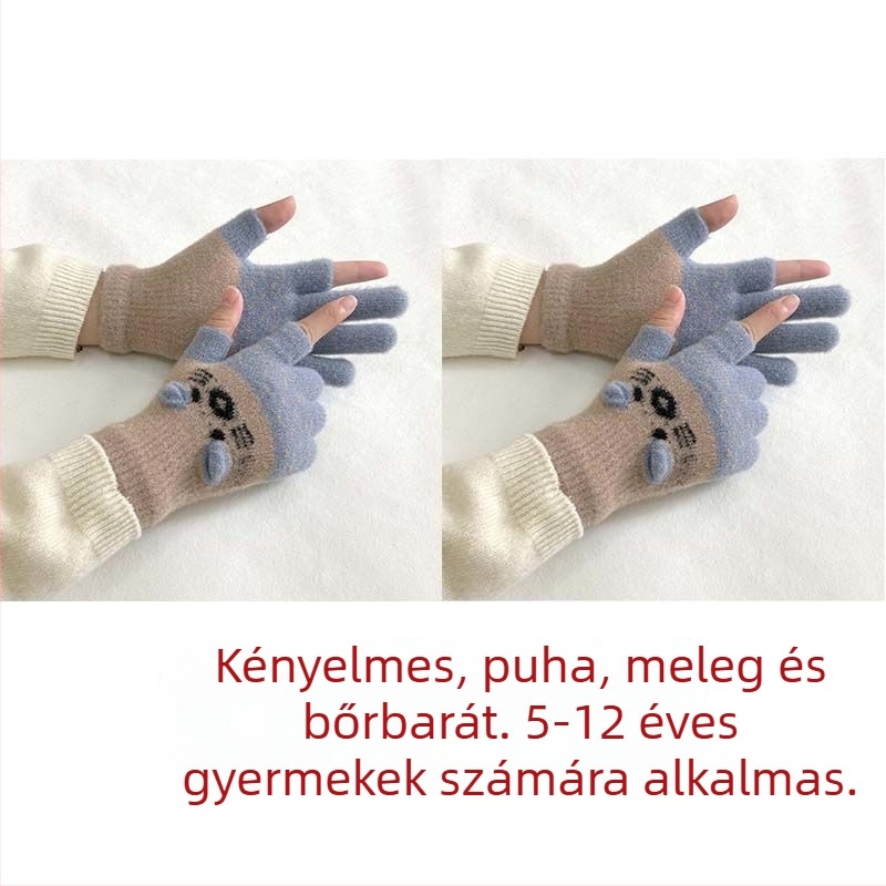 Gyerekeknek készült velúr bélésű kétujjas kesztyű érintőképernyő-kompatibilitással, rajzfilmszerű stílussal, ősz-télre