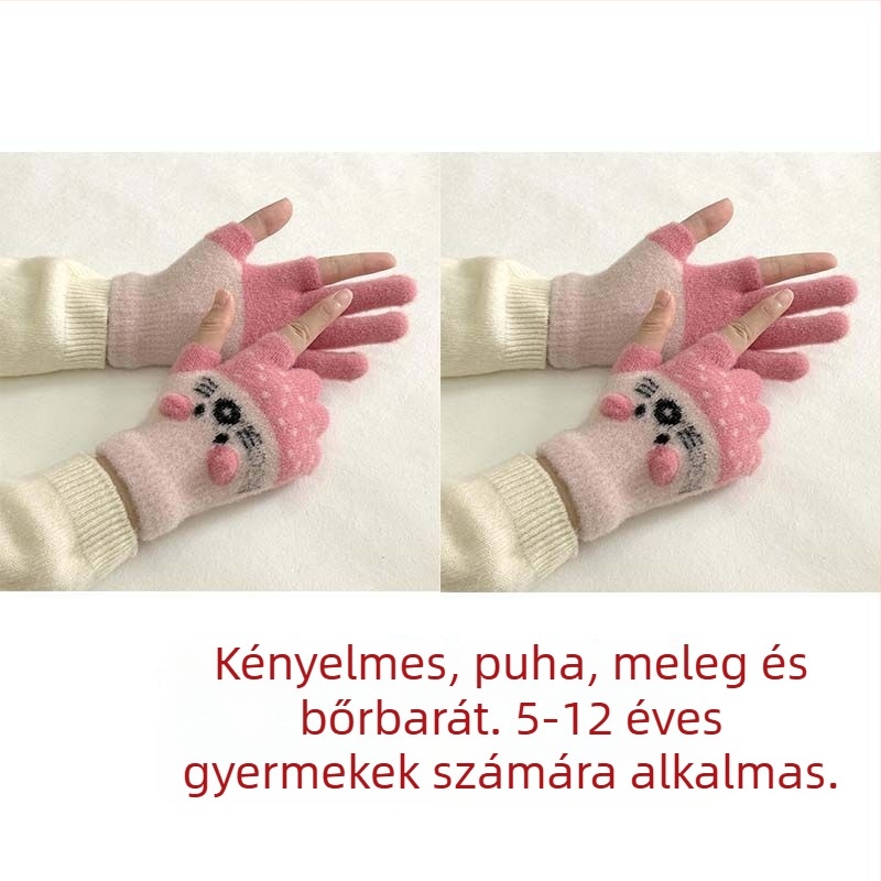 Gyerekeknek készült velúr bélésű kétujjas kesztyű érintőképernyő-kompatibilitással, rajzfilmszerű stílussal, ősz-télre