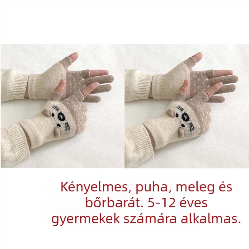 Gyerekeknek készült velúr bélésű kétujjas kesztyű érintőképernyő-kompatibilitással, rajzfilmszerű stílussal, ősz-télre