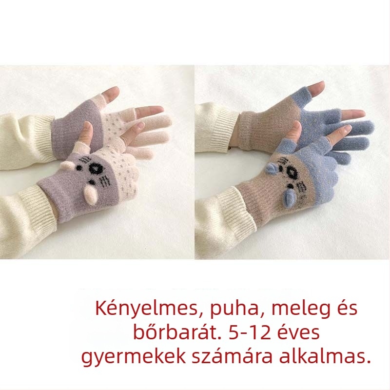 Gyerekeknek készült velúr bélésű kétujjas kesztyű érintőképernyő-kompatibilitással, rajzfilmszerű stílussal, ősz-télre
