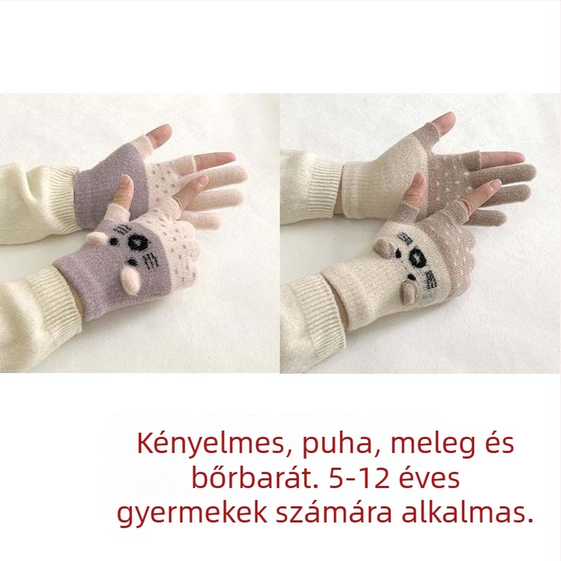 Gyerekeknek készült velúr bélésű kétujjas kesztyű érintőképernyő-kompatibilitással, rajzfilmszerű stílussal, ősz-télre
