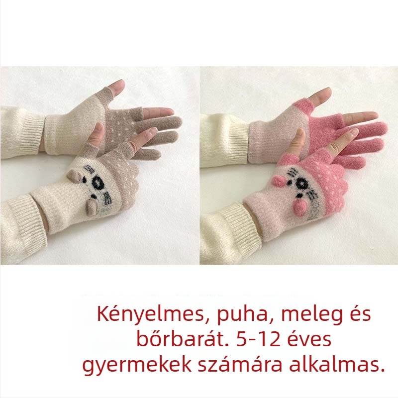 Gyerekeknek készült velúr bélésű kétujjas kesztyű érintőképernyő-kompatibilitással, rajzfilmszerű stílussal, ősz-télre