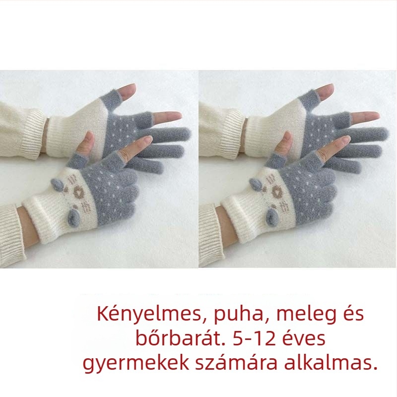 Gyerekeknek készült velúr bélésű kétujjas kesztyű érintőképernyő-kompatibilitással, rajzfilmszerű stílussal, ősz-télre