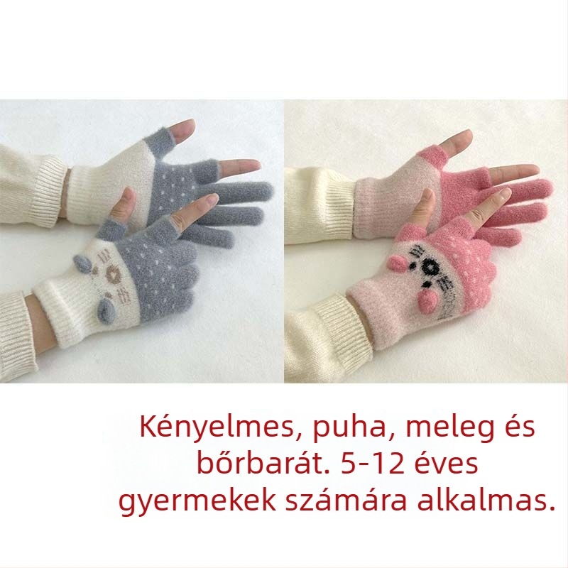Gyerekeknek készült velúr bélésű kétujjas kesztyű érintőképernyő-kompatibilitással, rajzfilmszerű stílussal, ősz-télre