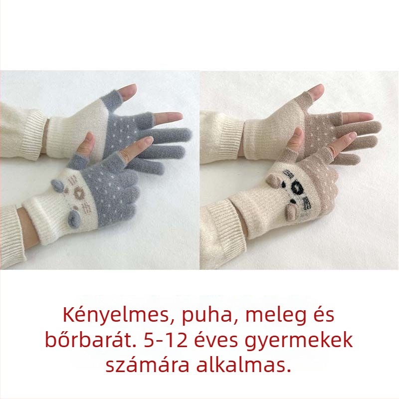 Gyerekeknek készült velúr bélésű kétujjas kesztyű érintőképernyő-kompatibilitással, rajzfilmszerű stílussal, ősz-télre
