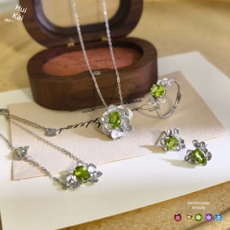 Női S925 sterling ezüst nyaklánc natúr kristálykővel, erdő ihletésű ékszerszett granát és topáz kövekkel