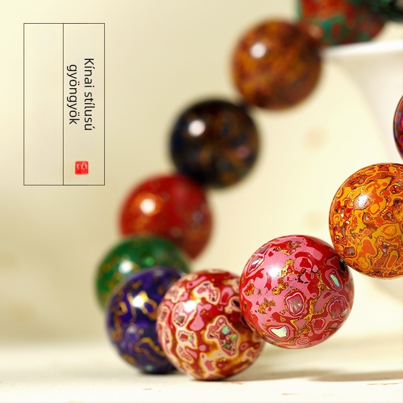 Fából készült karkötő kínai stílusban, kézzel készített, gyöngyházbevonatos Buddha gyöngyökkel