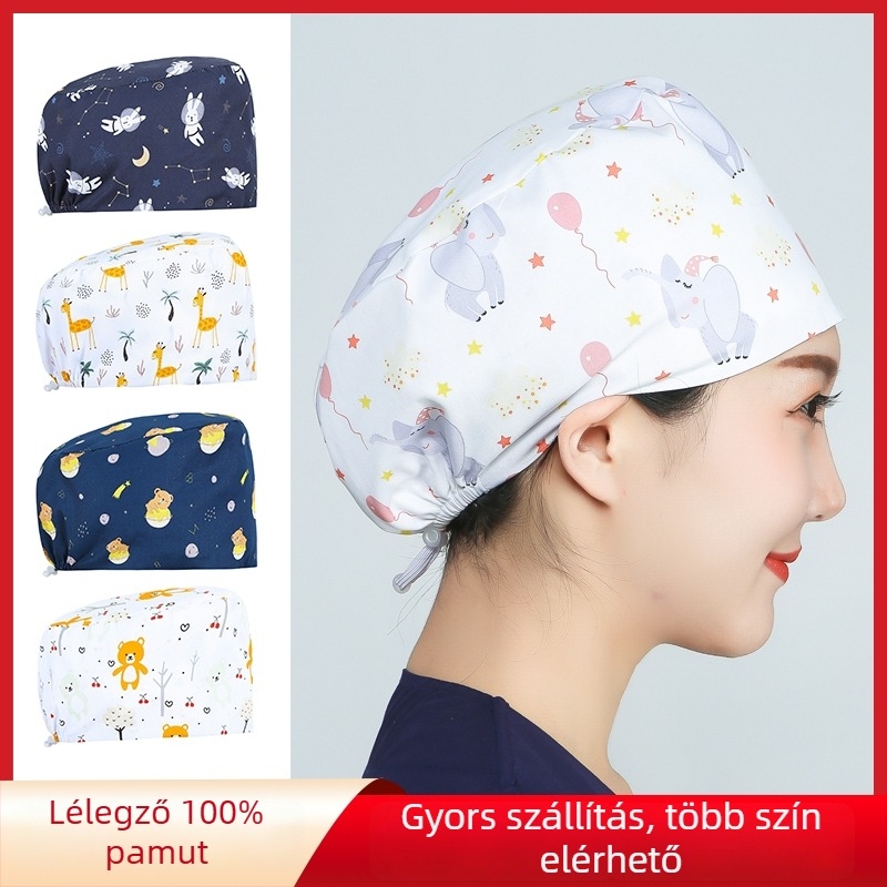Uniszex pamut sebészeti sapka, lapos felső, kör alakú dizájn, nyomtatott logó, minimalist stílus