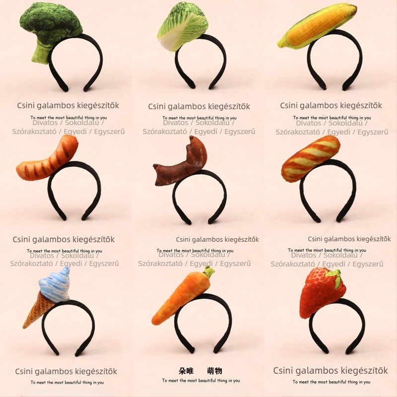 Hajcsat plüss étel motívumokkal - hot dog, kenyér, káposzta, gyümölcs és zöldségek gyermekeknek (2023 tavasz)