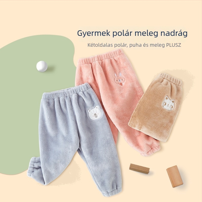 Gyerekeknek fleece-béléses nadrág, korall velúr, meleg tavasz–ősz időszakra