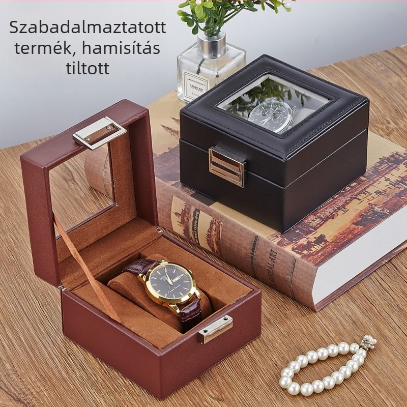 Bőr óratároló doboz 1 rekesz, átlátszó fedéllel, otthoni használatra, súly 246 g