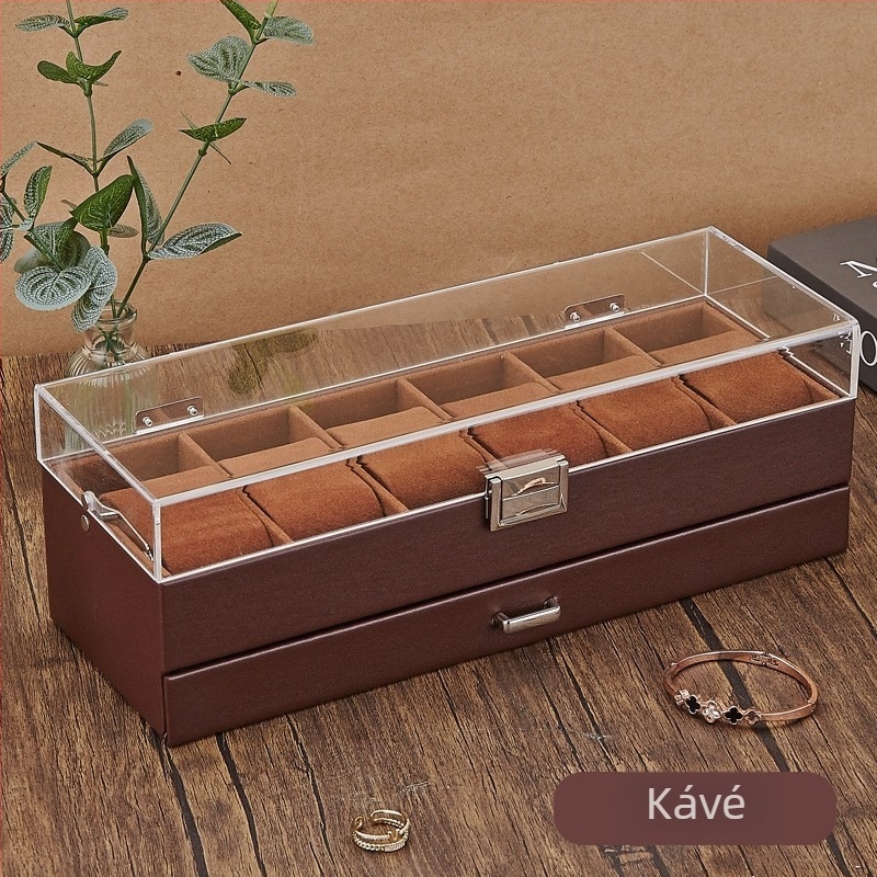 Bőr óratároló doboz 1 rekesz, átlátszó fedéllel, otthoni használatra, súly 246 g