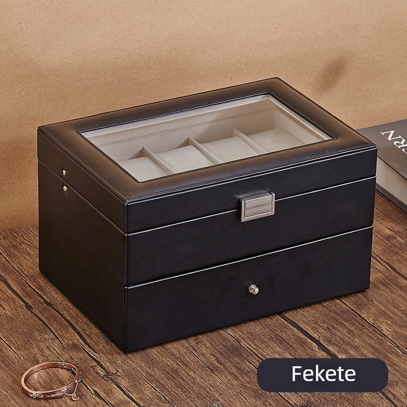 Bőr óratároló doboz 1 rekesz, átlátszó fedéllel, otthoni használatra, súly 246 g