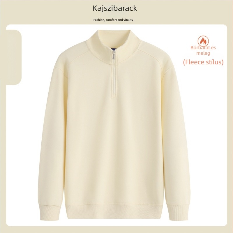 Álló galléros, fél cipzáros pulóver logónyomtatással, pamutkeverék anyag, laza szabás