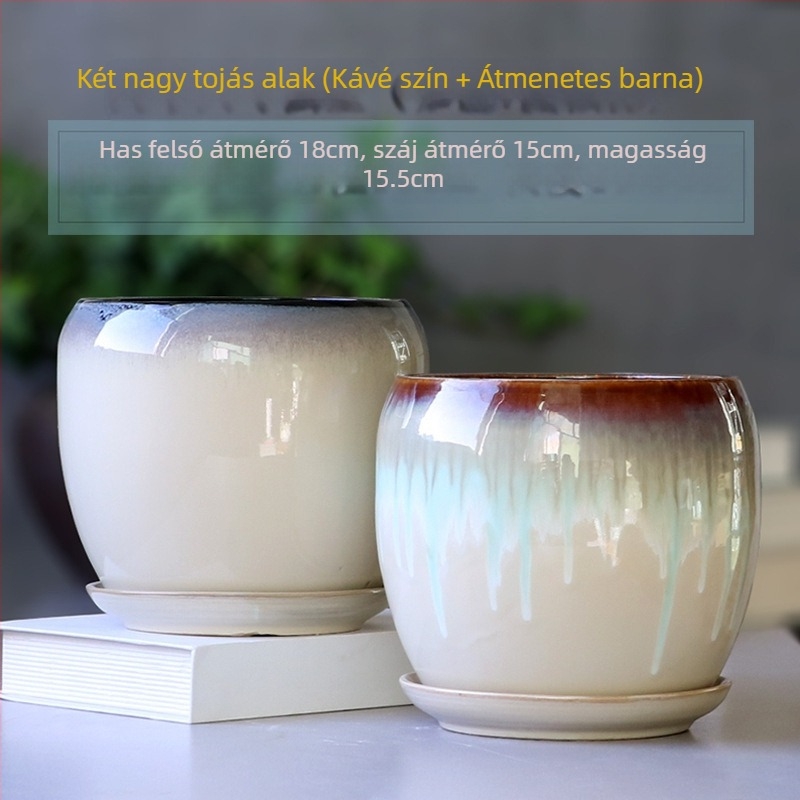 Nagy kerámia virágtartó tálcával, tojás alakú minimalist design beltéri növényekhez