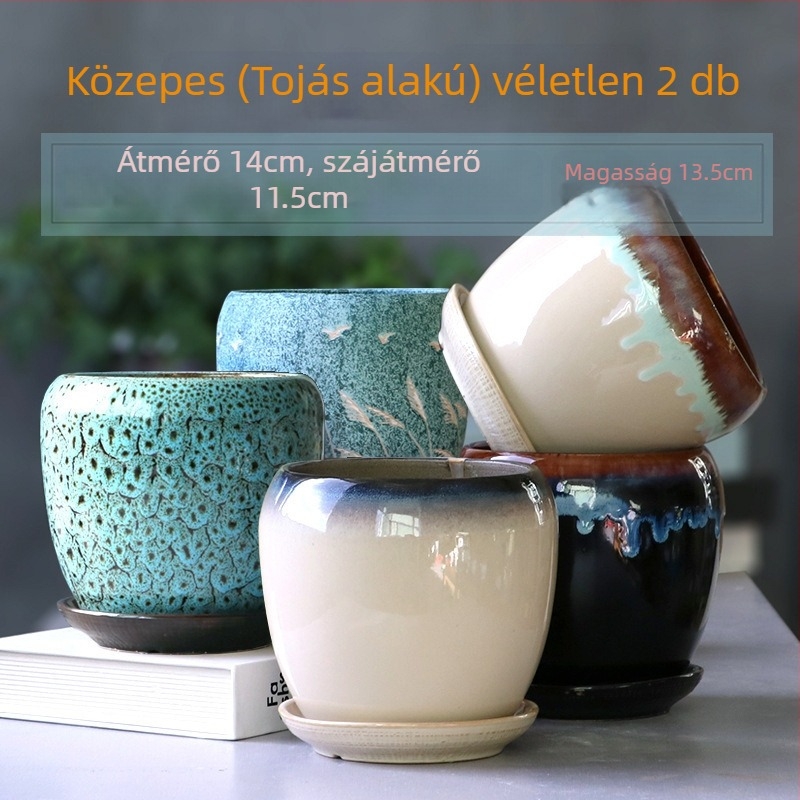 Nagy kerámia virágtartó tálcával, tojás alakú minimalist design beltéri növényekhez