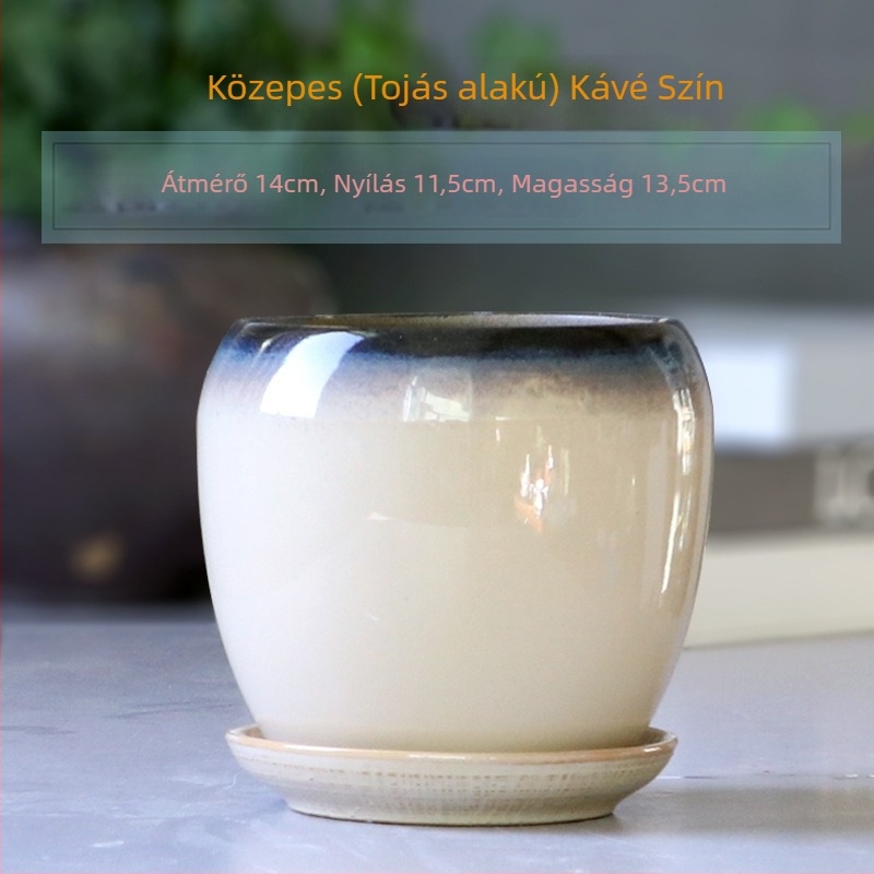 Nagy kerámia virágtartó tálcával, tojás alakú minimalist design beltéri növényekhez
