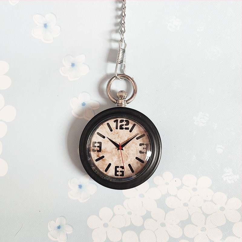 Orvosi zsebóra – fa retro dizájn ápolónő/orvos számára, infúziós feljegyzés, csendes járás (kvarc Miyota PC21, 49 mm számlap, fa tokozás, fém szíj, spirál koronával)