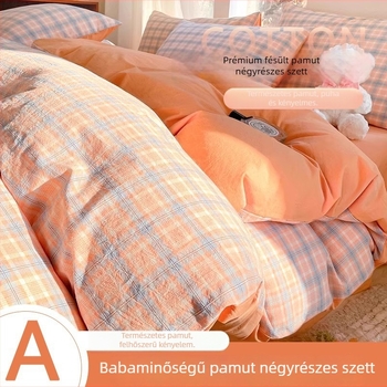 A-kategóriás 100% pamut négyrészes ágyneműkészlet, mosott pamut, kockás mintával, egyetemistáknak