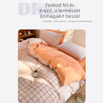 A-kategóriás 100% pamut négyrészes ágyneműkészlet, mosott pamut, kockás mintával, egyetemistáknak