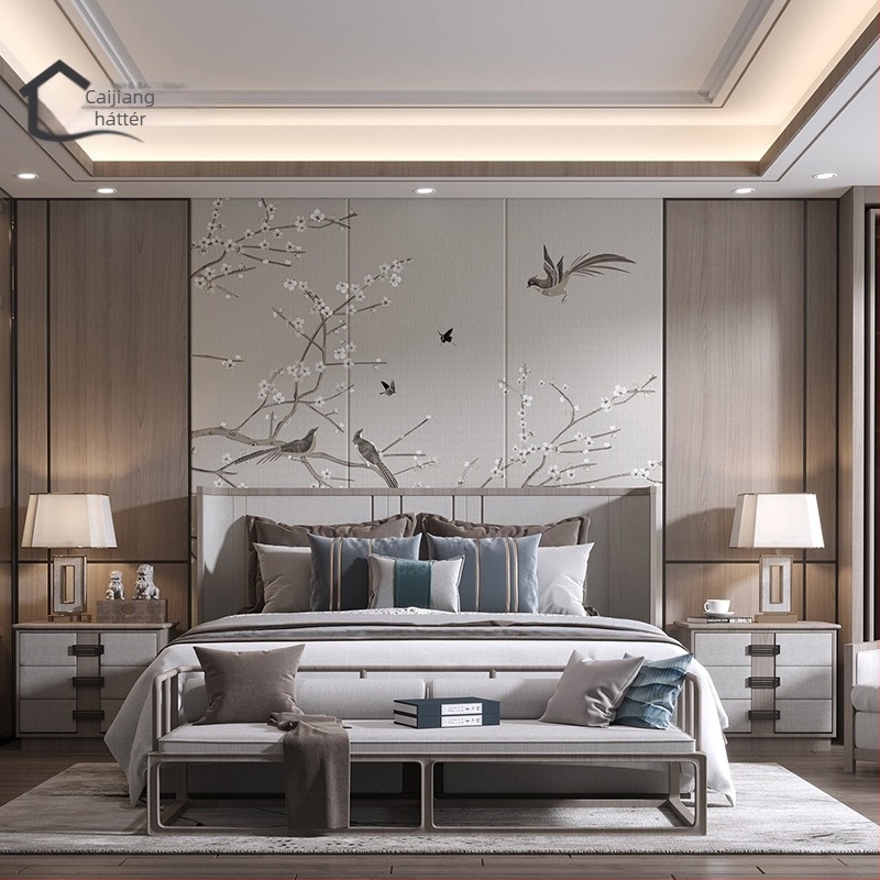 Fali borítás – selyem, anti-szennyeződés, 3-szintű kompozíció, Új kínai stílus, hímzett tájkép virágokkal és madarakkal