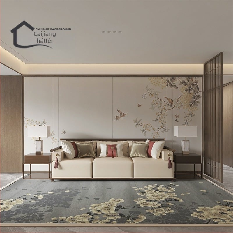 Fali borítás – selyem, anti-szennyeződés, 3-szintű kompozíció, Új kínai stílus, hímzett tájkép virágokkal és madarakkal