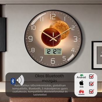 Bluetooth falióra automatikus időszinkronizálással, LED/LCD örök naptár, hőmérő és a hét napja kijelző, kerek formájú, egyoldalú, akkumulátoros, analóg + digitális kijelző