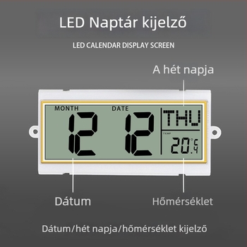 Bluetooth falióra automatikus időszinkronizálással, LED/LCD örök naptár, hőmérő és a hét napja kijelző, kerek formájú, egyoldalú, akkumulátoros, analóg + digitális kijelző