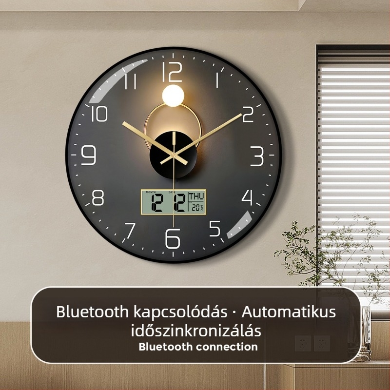 Bluetooth falióra automatikus időszinkronizálással, LED/LCD örök naptár, hőmérő és a hét napja kijelző, kerek formájú, egyoldalú, akkumulátoros, analóg + digitális kijelző