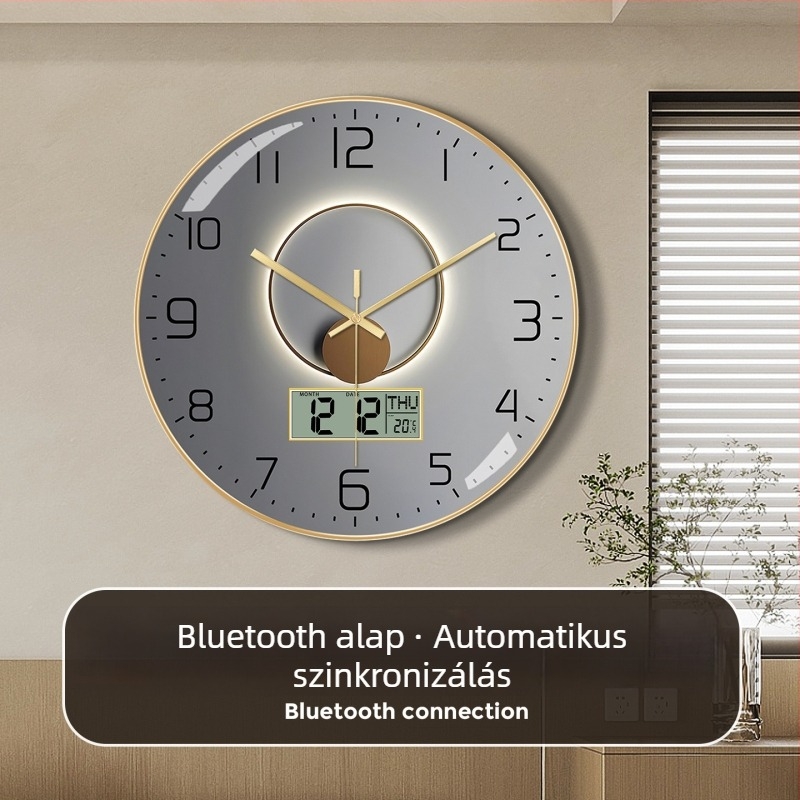 Bluetooth falióra automatikus időszinkronizálással, LED/LCD örök naptár, hőmérő és a hét napja kijelző, kerek formájú, egyoldalú, akkumulátoros, analóg + digitális kijelző