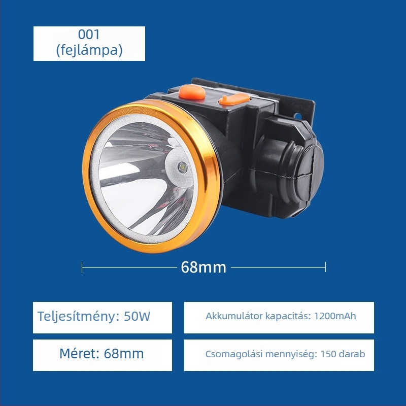 LED fejlámpa fejpánttal, újratölthető, üzemideje 8–9 óra, vízálló (45 g)