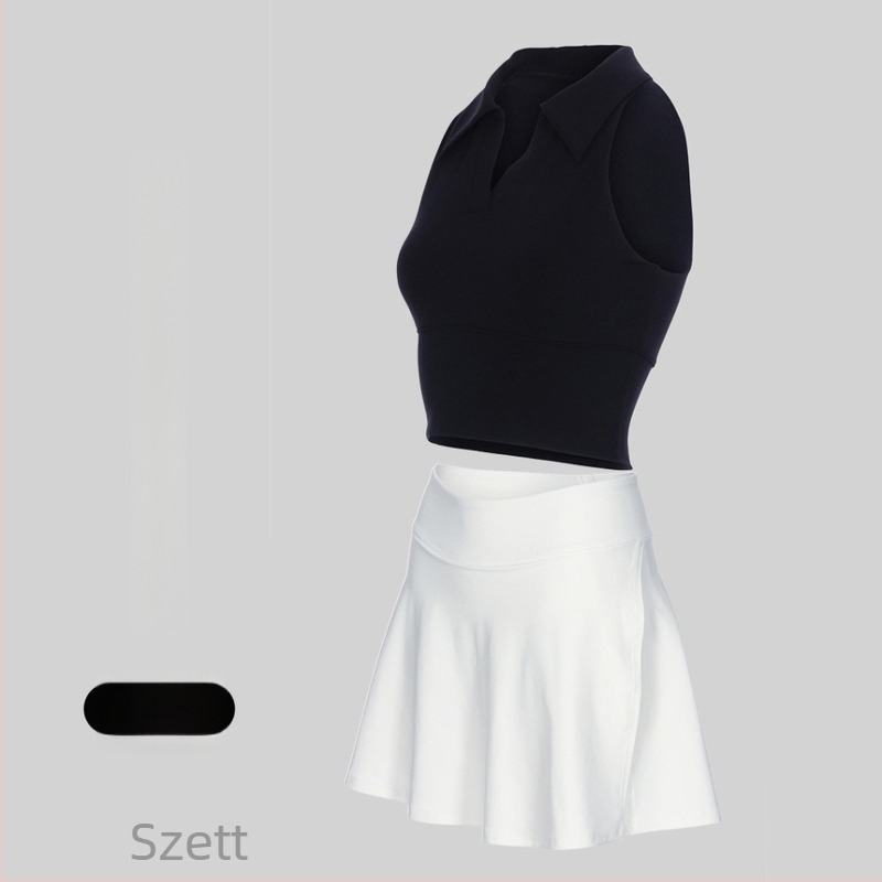 Polo galléros tenisz- és fitnesz ruházat, ujjatlan, rövidnadrág, levehető bélés, gyorsan száradó