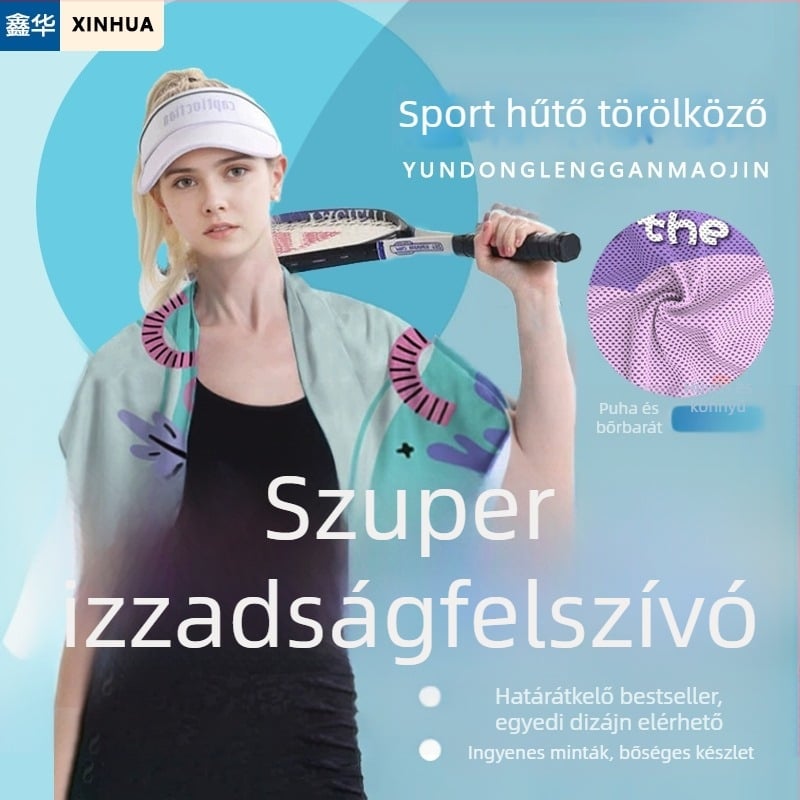 Hűsítő sporttörölköző nyomtatott mintával és logóval – izzadságfelszívó, gyorsan száradó, poliészter