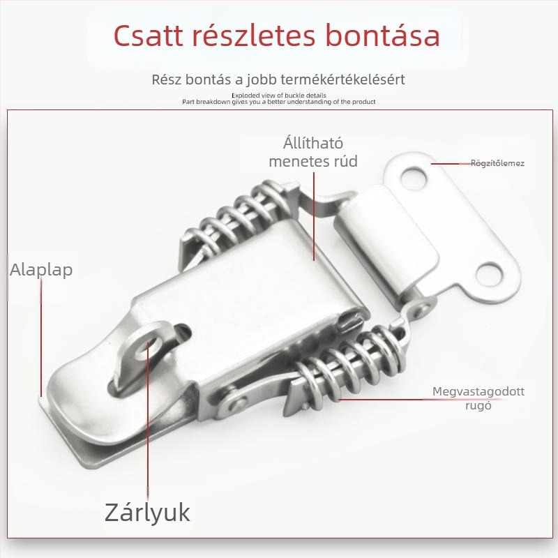 Szerszámosládához dupla rugós csattal, gombos típus, 304 rozsdamentes acél, masszív zár
