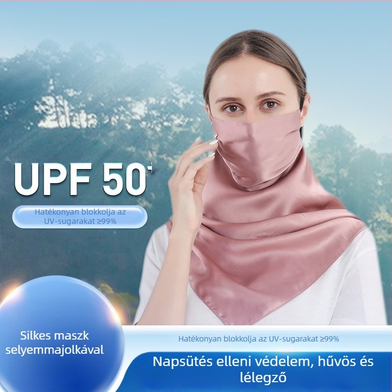 UPF50+ selyem napvédő maszk nőknek, UV védelem, szélálló, légáteresztő, 100% Mulberry selyem