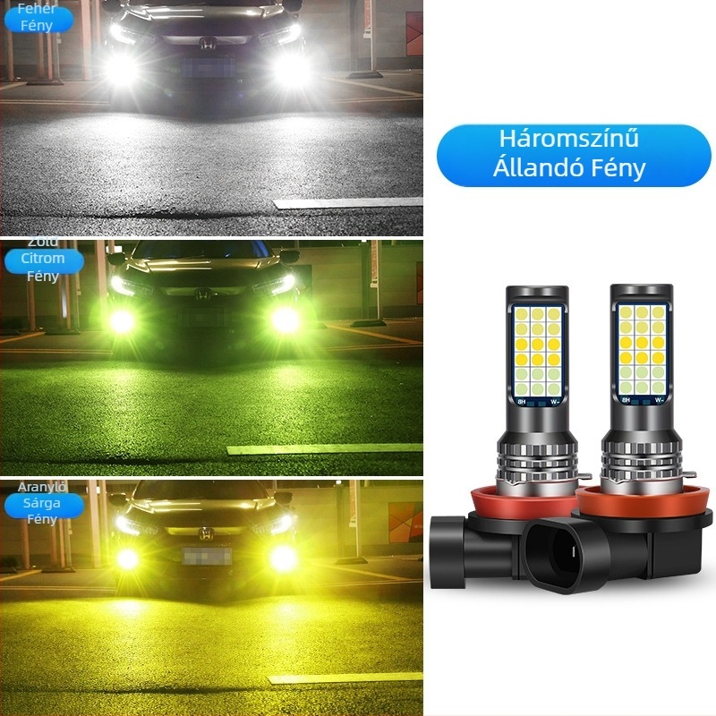 Háromszínű 3030 LED autóködlámpa, H3/H8/H11 kompatibilis – elülső ködlámpa izzó villogó funkcióval